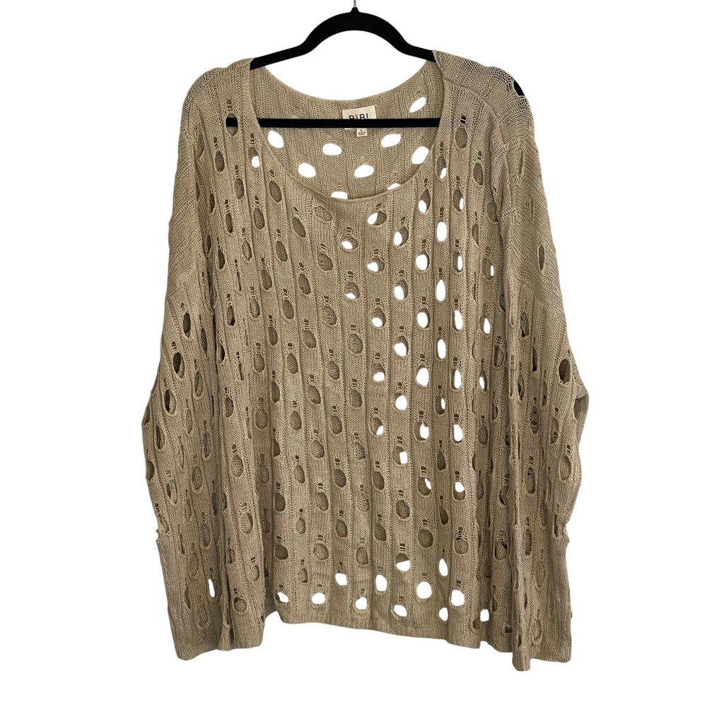 BiBi Tan Beige Open Knit Distressed Cutout Oversized Sweater IP6681-01 Large